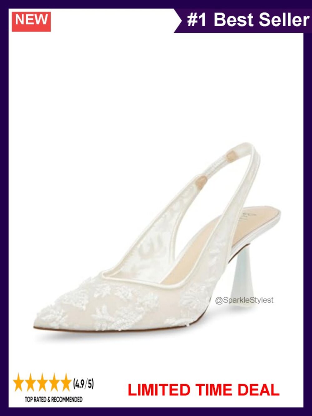 Pointed Toe Slingback Pump with Flare Heel and Embellished Floral Details